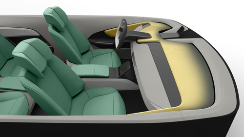Render of car interior with pastel green and yellow leather